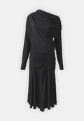 Schwarzes langärmliges Kleid mit asymmetrischem Design und einem Schulterträger, mit gerafftem Stoff in der Taille und einem fließenden Rock. Sanfte Textur, elegante Silhouette.