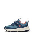 Blau und orange Kindersneaker aus Mesh-Stoff, mit zwei Klettverschlüssen, weißer Sohle und Timberland-Baum-Logo an der Seite.