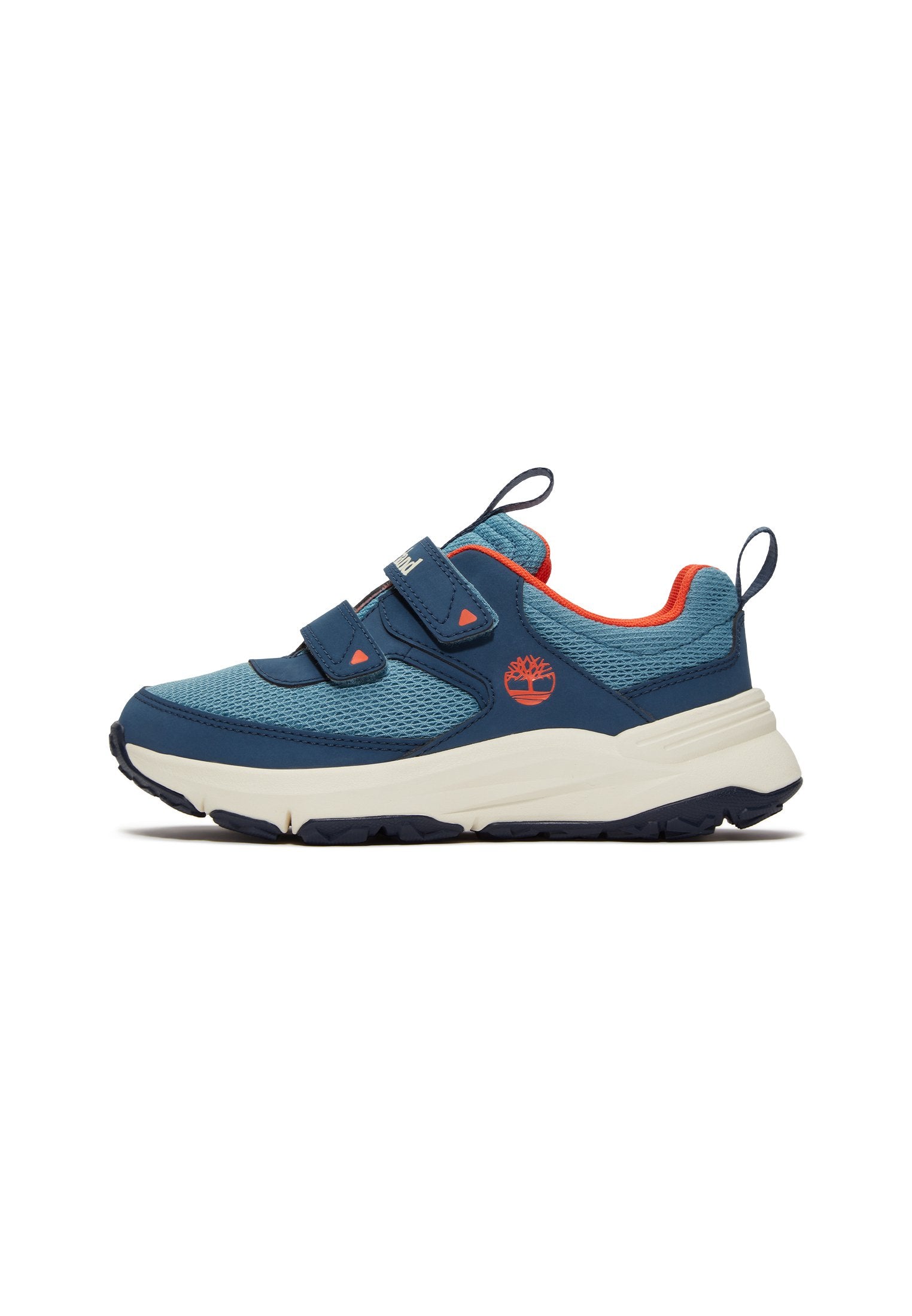 Blau und orange Kindersneaker aus Mesh-Stoff, mit zwei Klettverschlüssen, weißer Sohle und Timberland-Baum-Logo an der Seite.