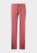 Rosa Jeans mit hoher Taille und geradem Bein, vorne mit Schnürverschluss und fünf Taschen, vor schlichtem Hintergrund.