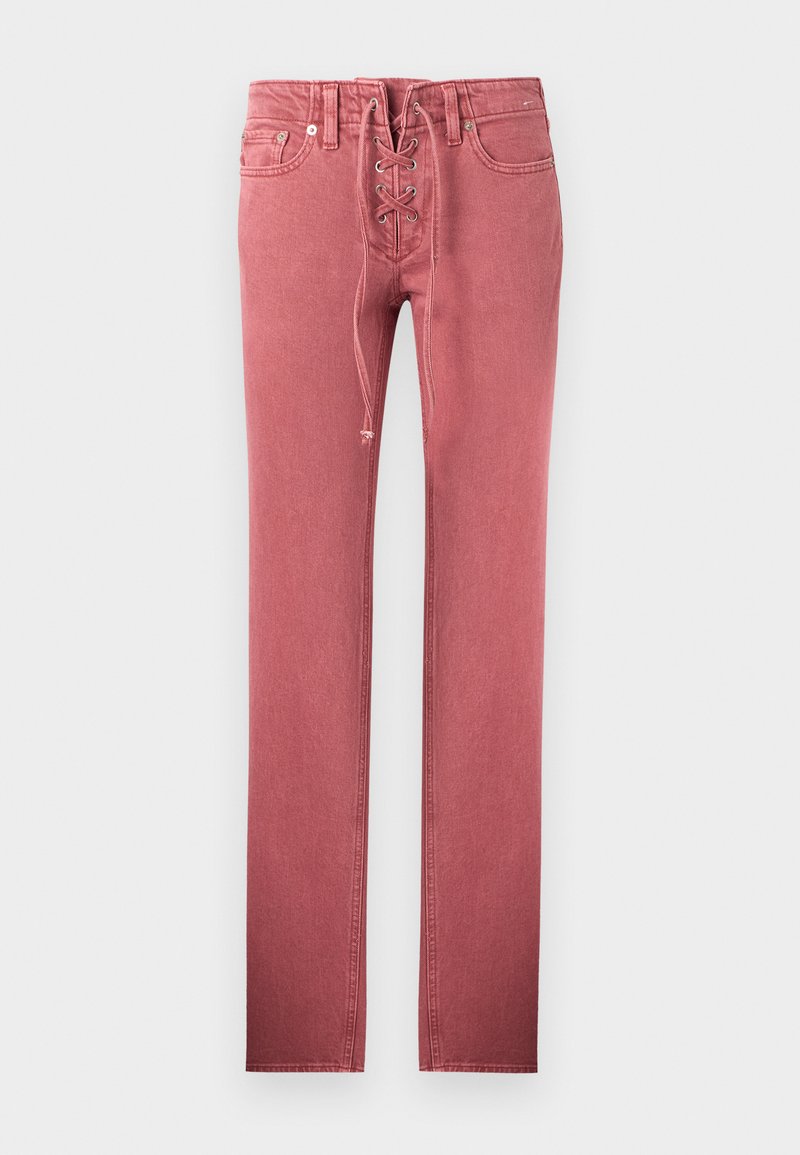 Rosa Jeans mit hoher Taille und geradem Bein, vorne mit Schnürverschluss und fünf Taschen, vor schlichtem Hintergrund.
