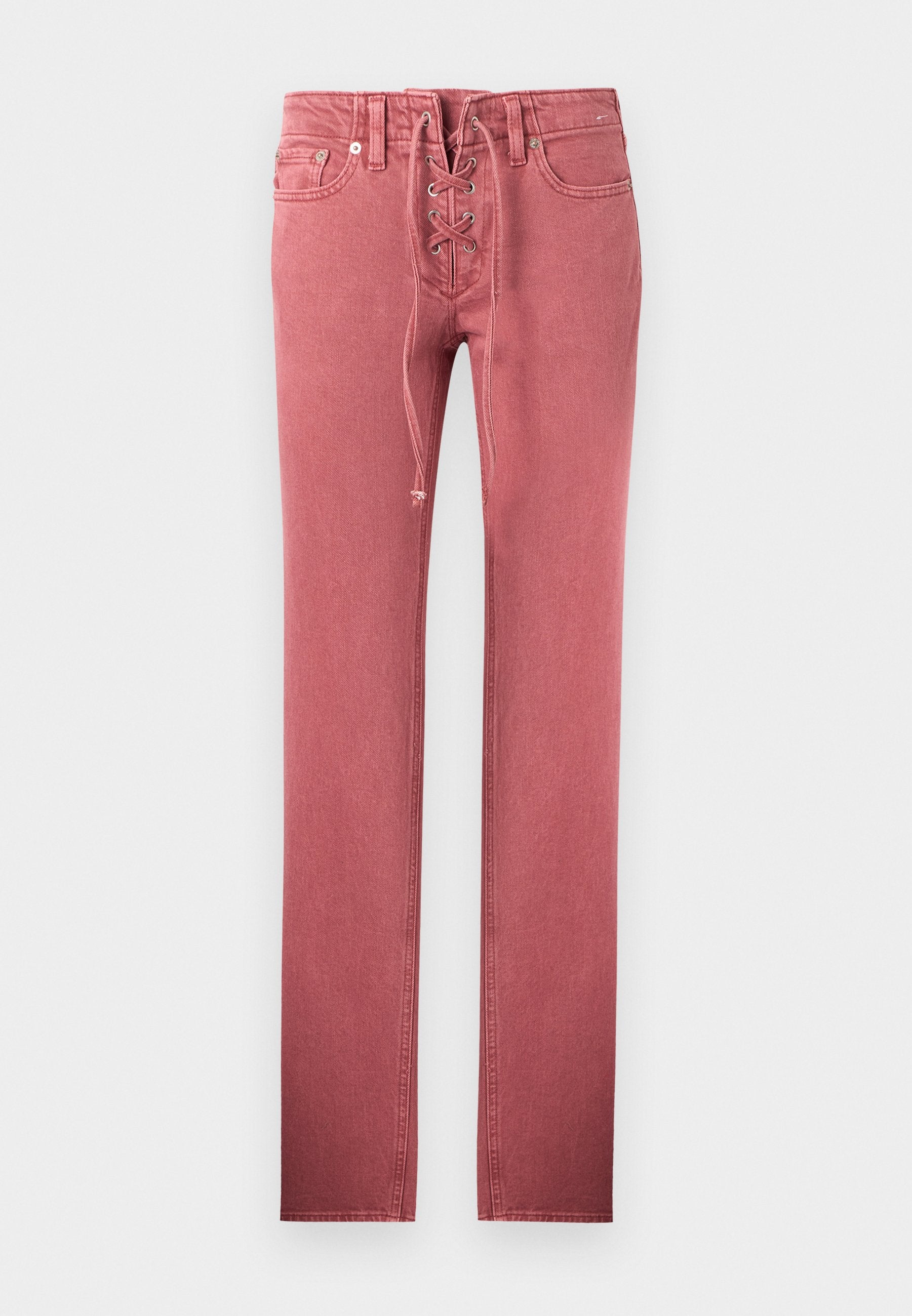 Rosa Jeans mit hoher Taille und geradem Bein, vorne mit Schnürverschluss und fünf Taschen, vor schlichtem Hintergrund.