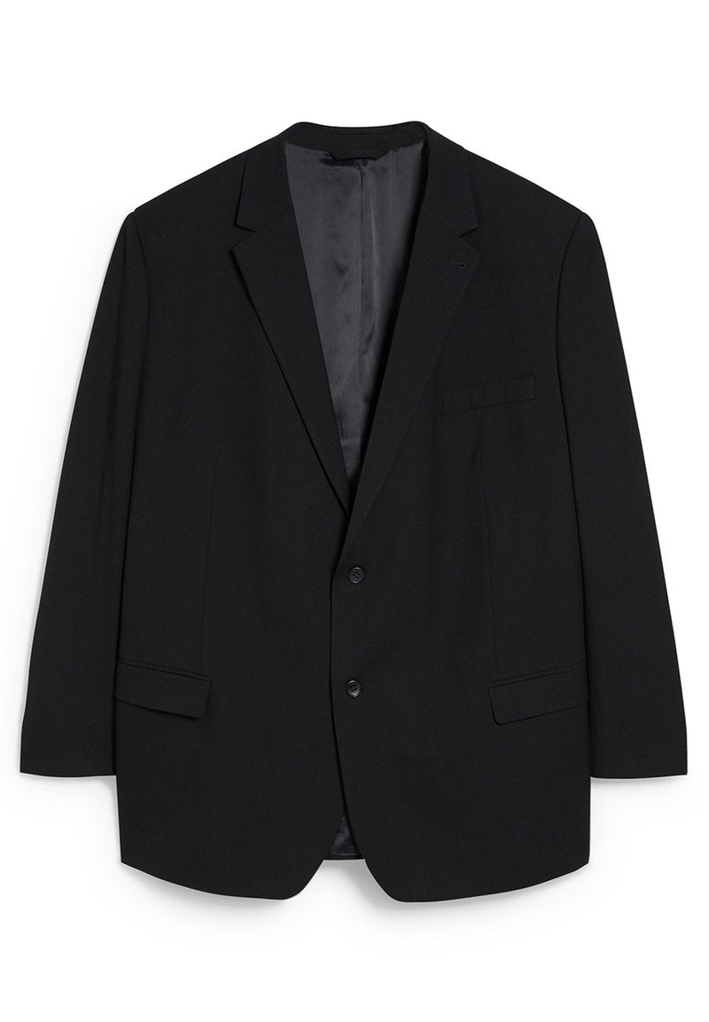 Schwarzer Blazer aus glattem Stoff, einreihiges Design, zwei Fronttaschen und ein elegantes Innenfutter. Schlichte, moderne Ästhetik.