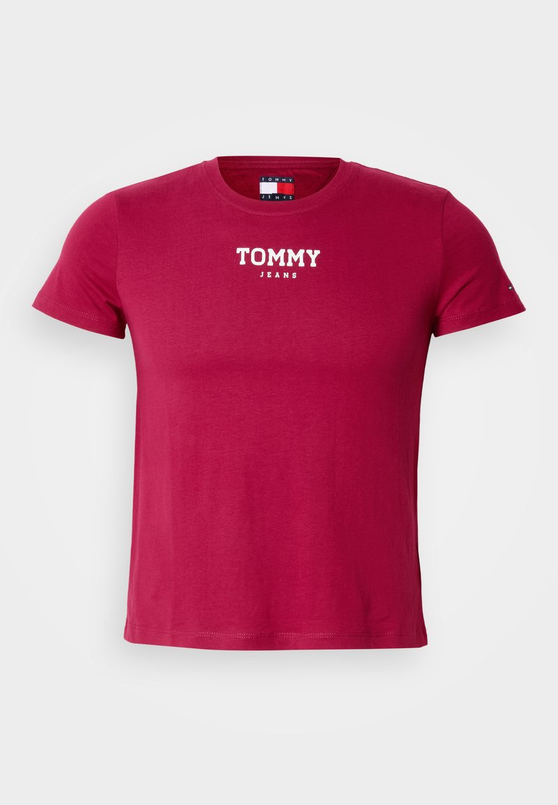 Rotes Baumwoll-T-Shirt mit Rundhalsausschnitt und kurzen Ärmeln, mit dem Schriftzug "TOMMY JEANS" in Weiß auf der Brust.