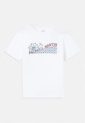 Weißes Baumwoll-T-Shirt mit einem bunten Grafikdesign eines Riesenrads und einer Achterbahn sowie dem Schriftzug "PS Paul Smith" in Rot und Blau.