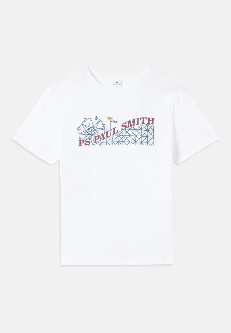 Weißes Baumwoll-T-Shirt mit einem bunten Grafikdesign eines Riesenrads und einer Achterbahn sowie dem Schriftzug "PS Paul Smith" in Rot und Blau.