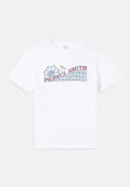 Weißes Baumwoll-T-Shirt mit einem bunten Grafikdesign eines Riesenrads und einer Achterbahn sowie dem Schriftzug "PS Paul Smith" in Rot und Blau.