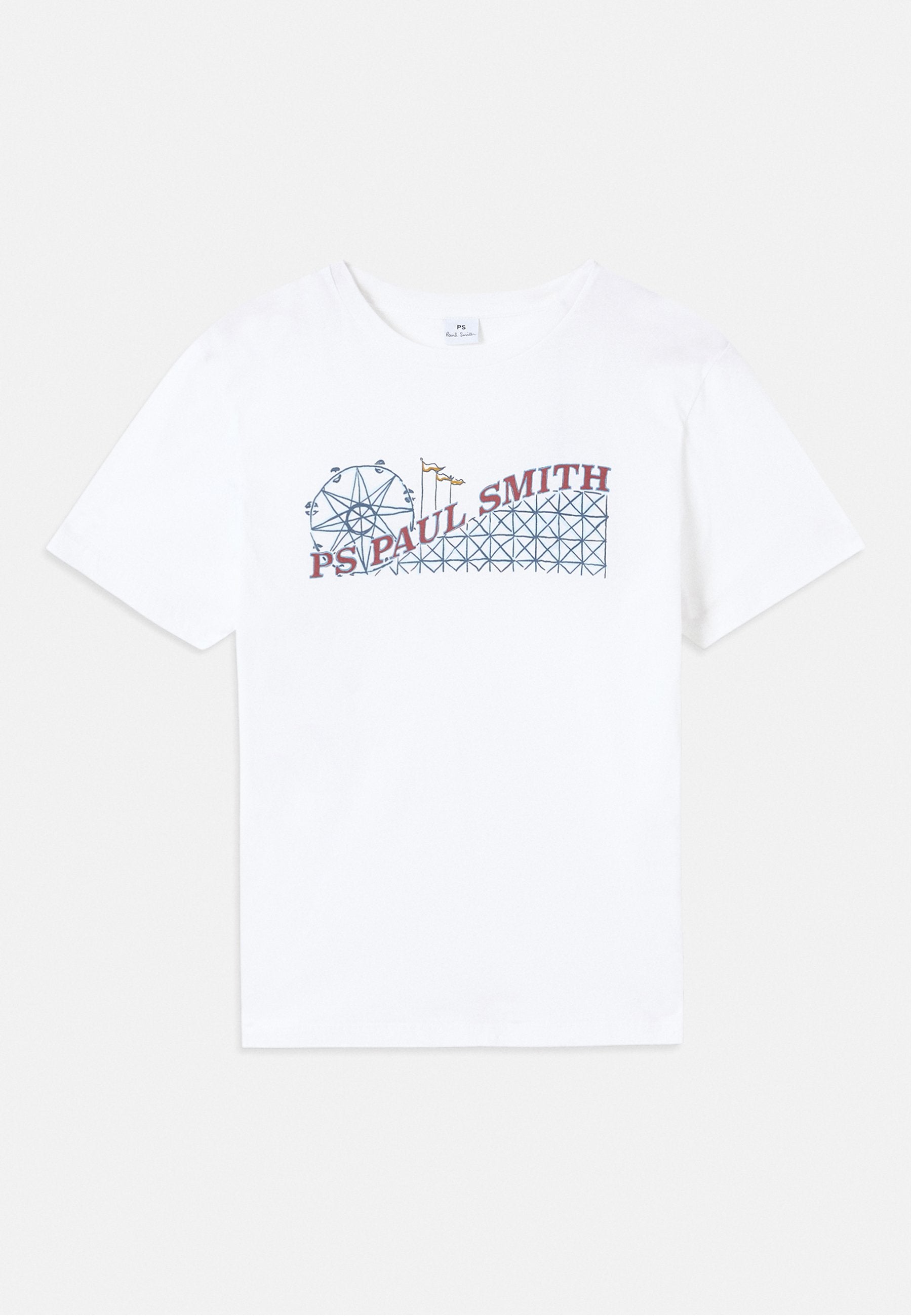 Weißes Baumwoll-T-Shirt mit einem bunten Grafikdesign eines Riesenrads und einer Achterbahn sowie dem Schriftzug "PS Paul Smith" in Rot und Blau.