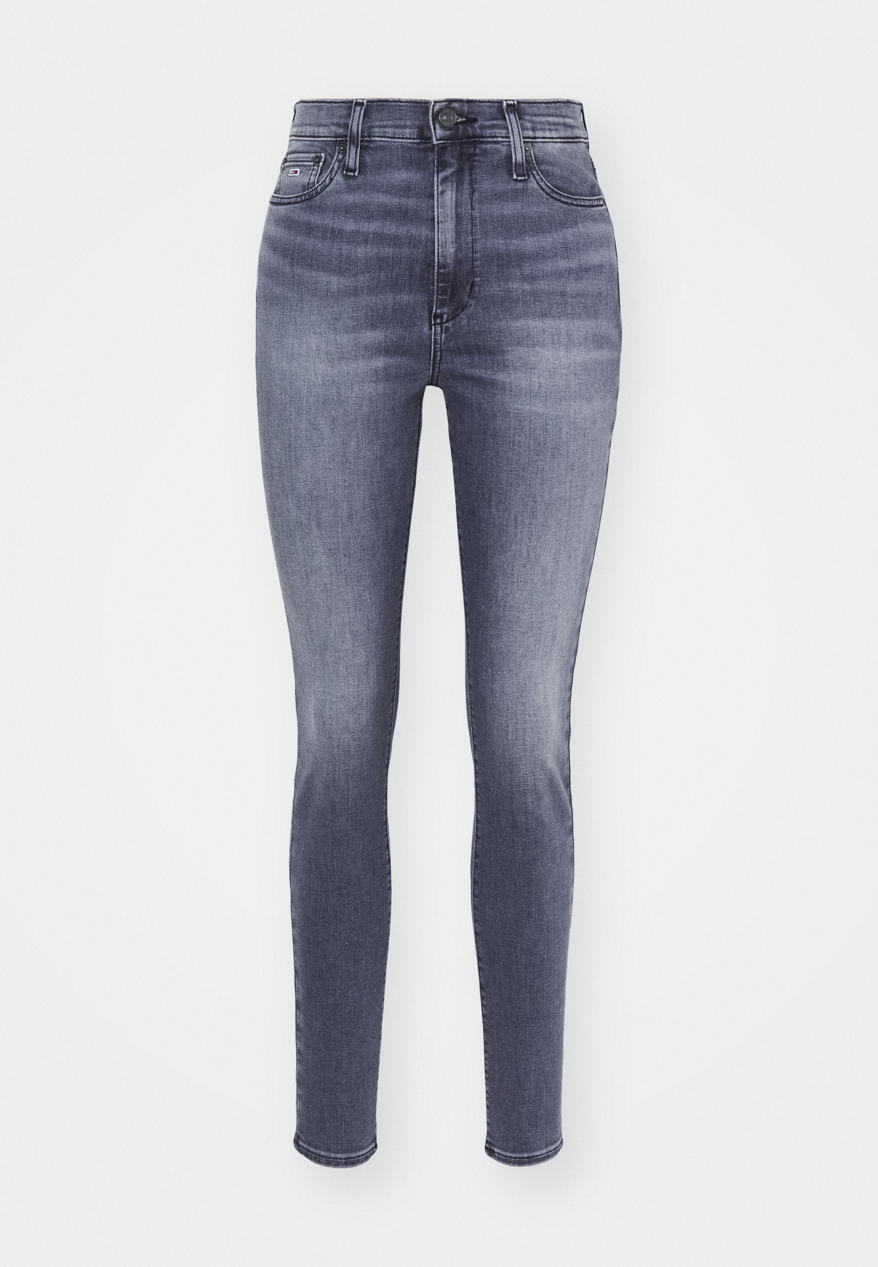 Schmale Jeans aus dunkelblauem Denim mit einem verblassten Finish. Mit hoher Taille, Fünf-Taschen-Design und Metallknopfverschluss.