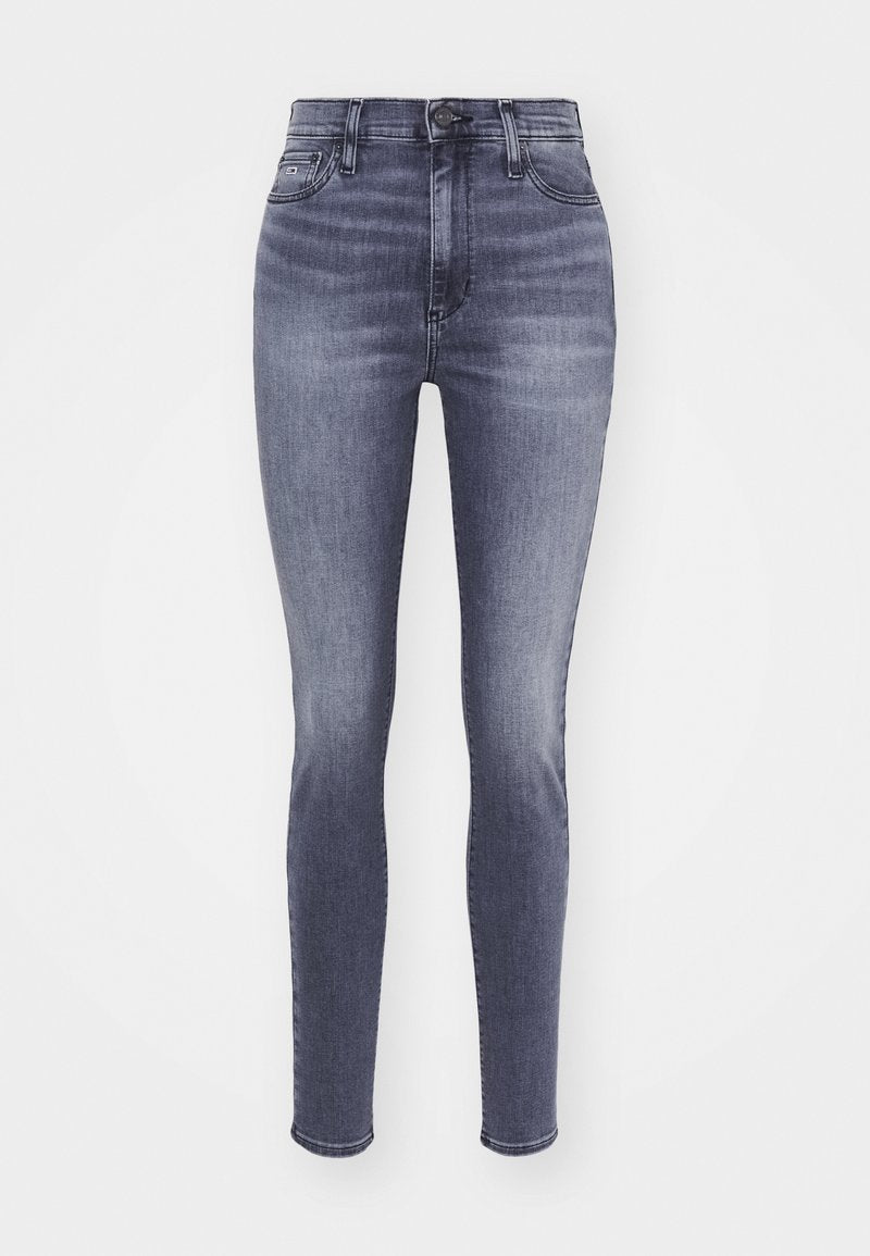 Schmale Jeans aus dunkelblauem Denim mit einem verblassten Finish. Mit hoher Taille, Fünf-Taschen-Design und Metallknopfverschluss.