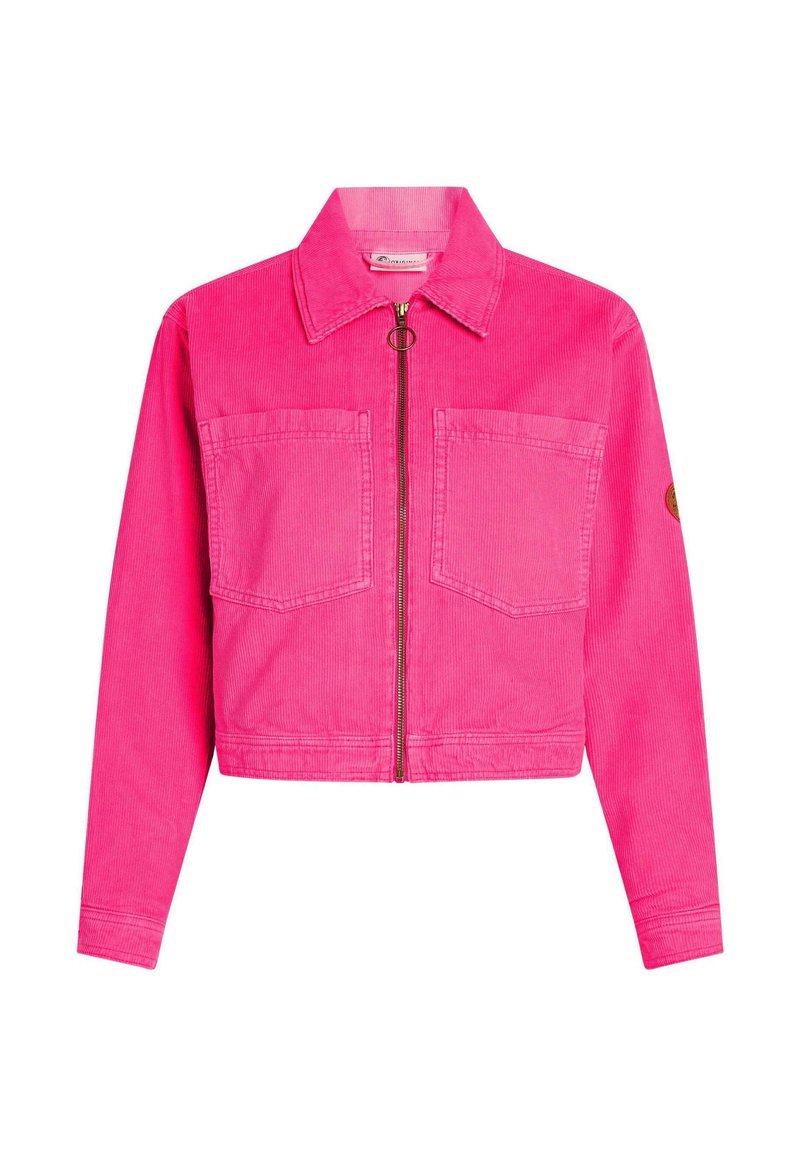 Helles, pinkes, kurzer Cord-Jacke mit zwei Brusttaschen, langen Ärmeln, einem Kragen und einem Frontreißverschluss mit einem runden Zugband.