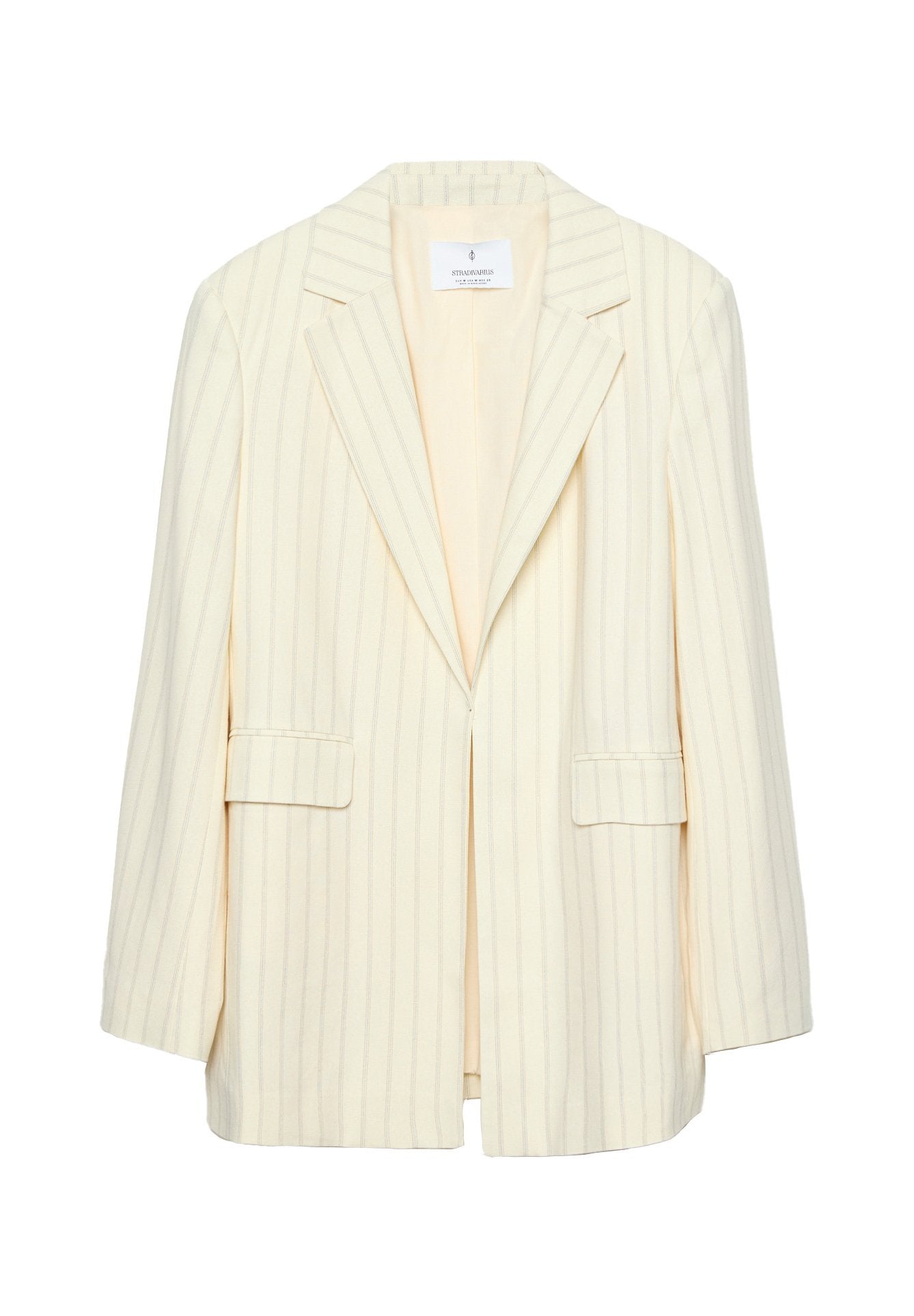 Cremefarbener Blazer mit vertikalen Streifen, einreihiger Knopfverschluss, zwei Vorderaschen und einem glatten, leichten Stoff.