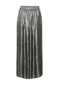 Metallisch silberner langer Rock aus glattem Stoff, mit einem elastischen Taillenbund und einem fließenden Design, das bis zu den Knöcheln herunterfällt.