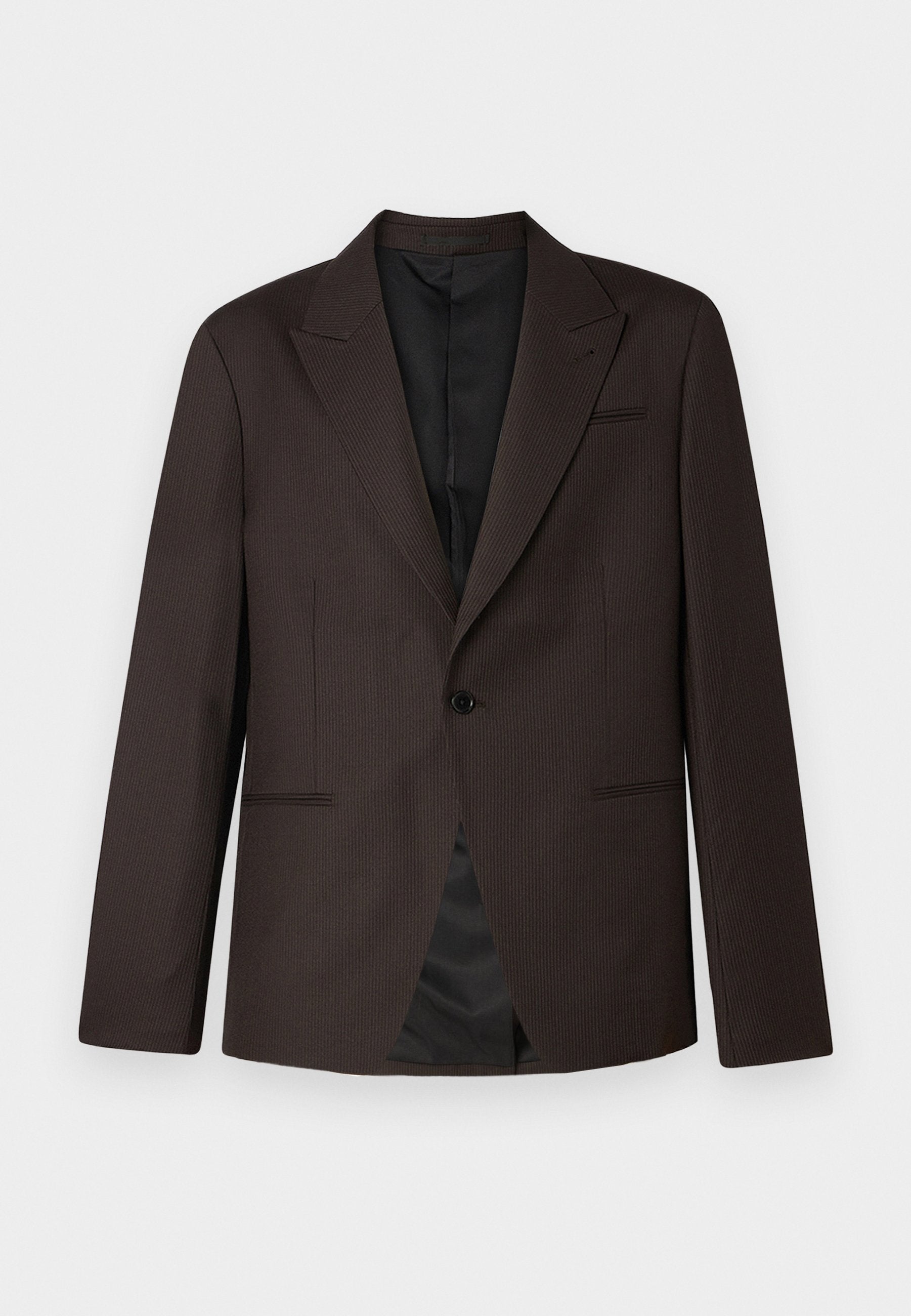 Brauner blass gestreifter Blazer mit Reverskragen, zwei vorderen Taschen, einem Knopfverschluss und einem Satin-Innenfutter.