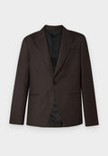 Brauner blass gestreifter Blazer mit Reverskragen, zwei vorderen Taschen, einem Knopfverschluss und einem Satin-Innenfutter.