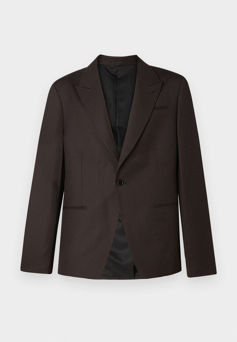 Brauner blass gestreifter Blazer mit Reverskragen, zwei vorderen Taschen, einem Knopfverschluss und einem Satin-Innenfutter.