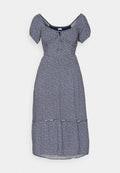Marineblaue Blume Kleid mit kurzen Puffärmeln, einem quadratischen Ausschnitt und einer Knopfdetaillierung an der Vorderseite. Verfügt über ein gestuftes Rockdesign.
