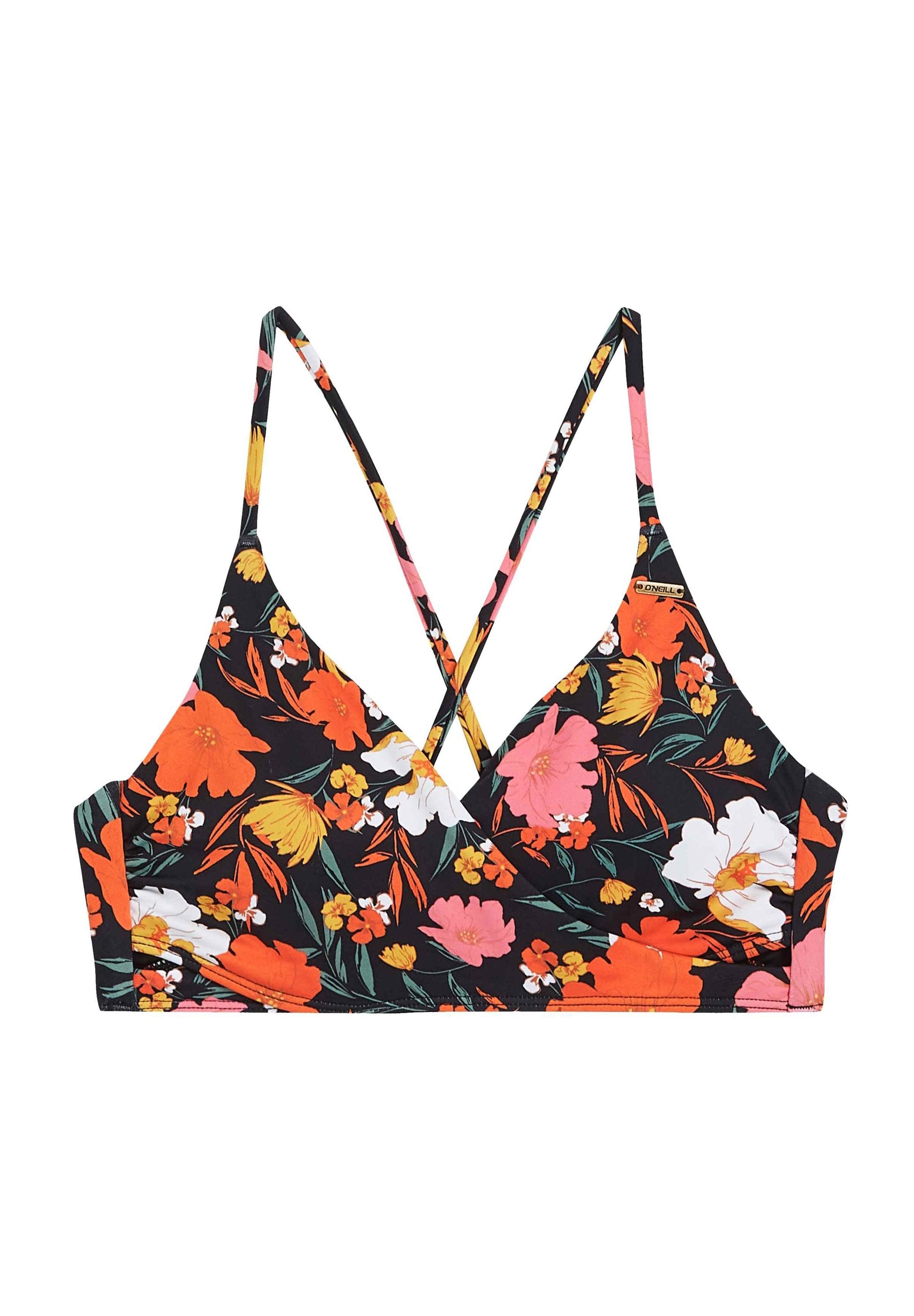 Blumen-Bikini-Oberteil mit schwarzem Hintergrund, das mehrfarbige Blumen in Orange, Pink und Weiß zeigt. Überkreuzte Träger im Rücken.