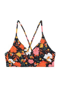 Blumen-Bikini-Oberteil mit schwarzem Hintergrund, das mehrfarbige Blumen in Orange, Pink und Weiß zeigt. Überkreuzte Träger im Rücken.
