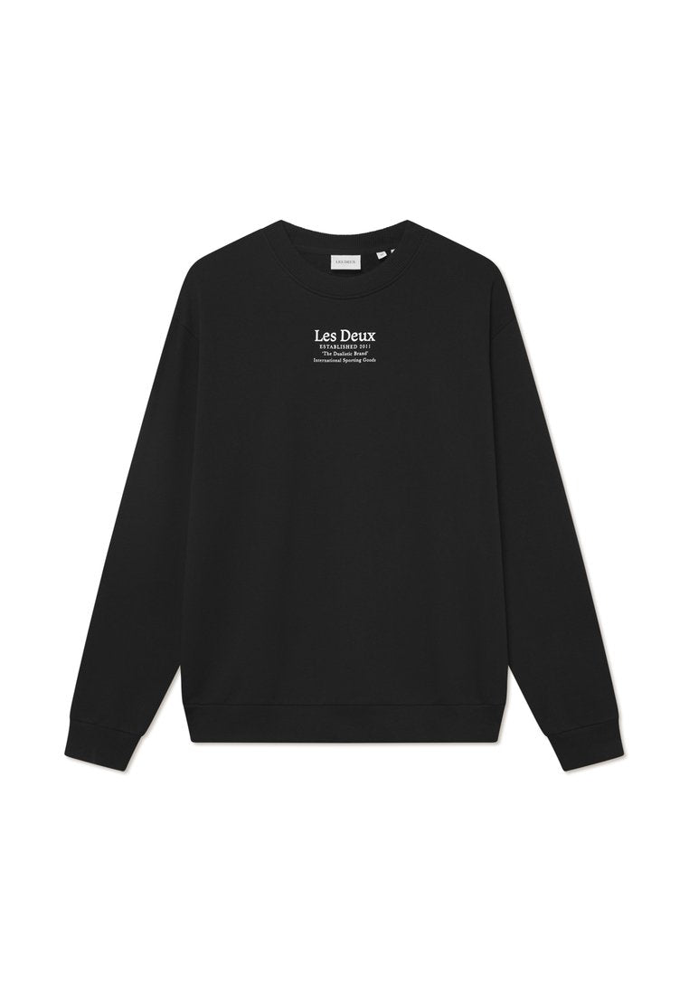Schwarzes Sweatshirt aus weichem Baumwollmaterial mit Rundhalsausschnitt, langen Ärmeln und gerippten Bündchen. Auf der Vorderseite befindet sich weißer Text.