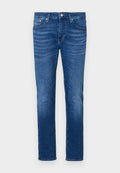 Blaue Denim-Jeans mit einem geraden Beindesign, ausgestattet mit einem klassischen Fünf-Taschen-Stil, einem Metallknopfverschluss und dezenten ausgewaschenen Mustern.