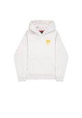 Hellgrauer Kapuzenpullover aus Baumwollmischung. Verfügt über eine Fronttasche, gerippte Bündchen und ein gelbes Logo auf der Brust.