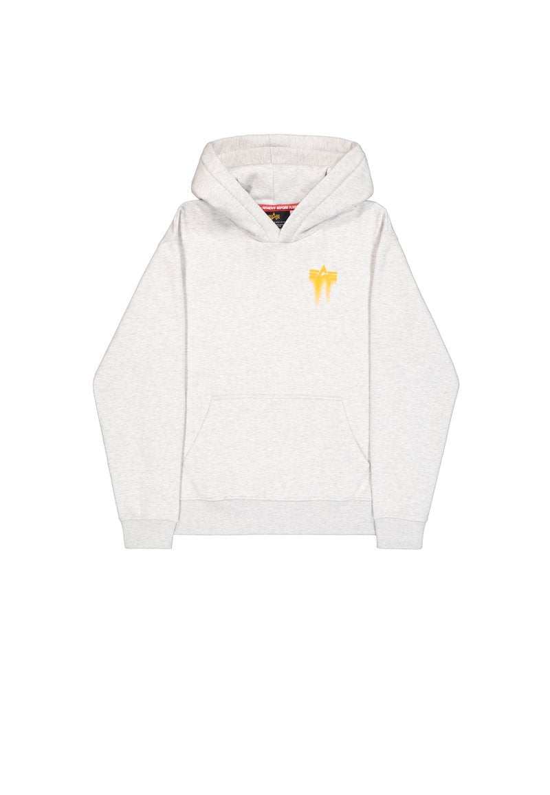 Hellgrauer Kapuzenpullover aus Baumwollmischung. Verfügt über eine Fronttasche, gerippte Bündchen und ein gelbes Logo auf der Brust.
