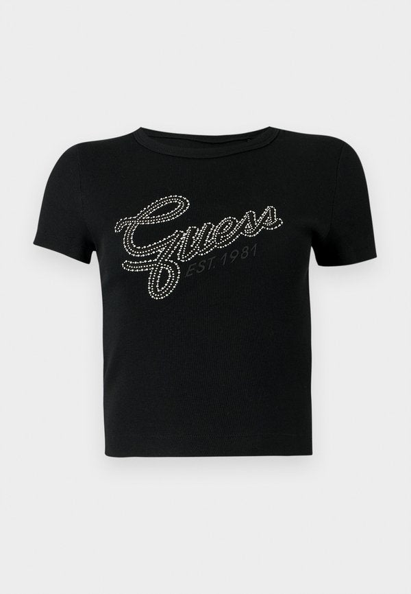 Guess STUDS SCRIPT TEE - Print T-shirt - jet black