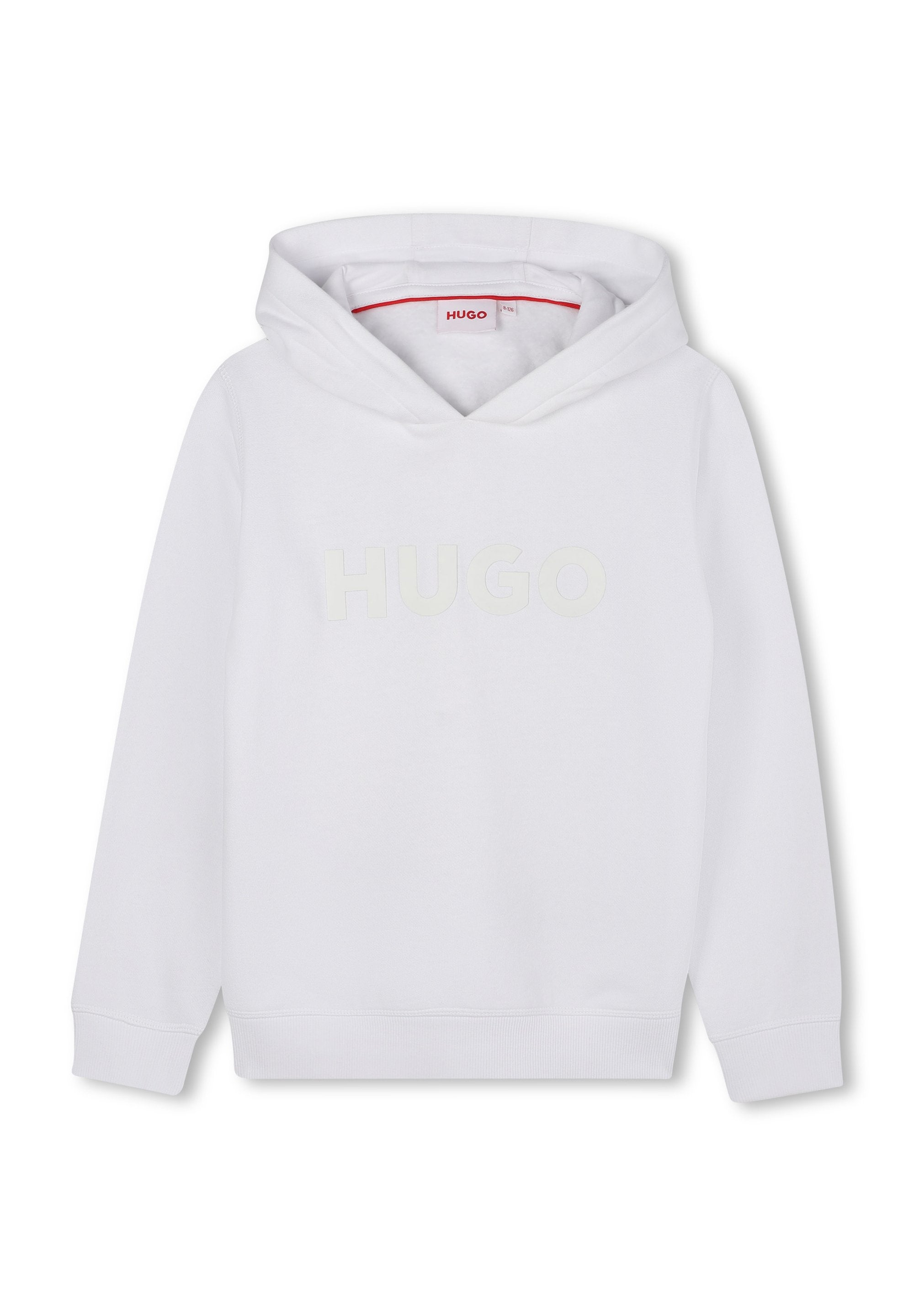 Weißer Hoodie mit Kängurutasche, Kapuze mit Kordelzug und dezentem "HUGO"-Logo in heller Farbe. Weicher Stoff, gerippte Bündchen und Saum.
