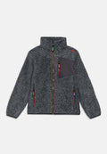 Graue Fleecejacke mit hohem Kragen, durchgehendem Reißverschluss und Brusttasche. Mit roten Reißverschlüssen und Akzenten. Weiche Textur und lässiges Design.