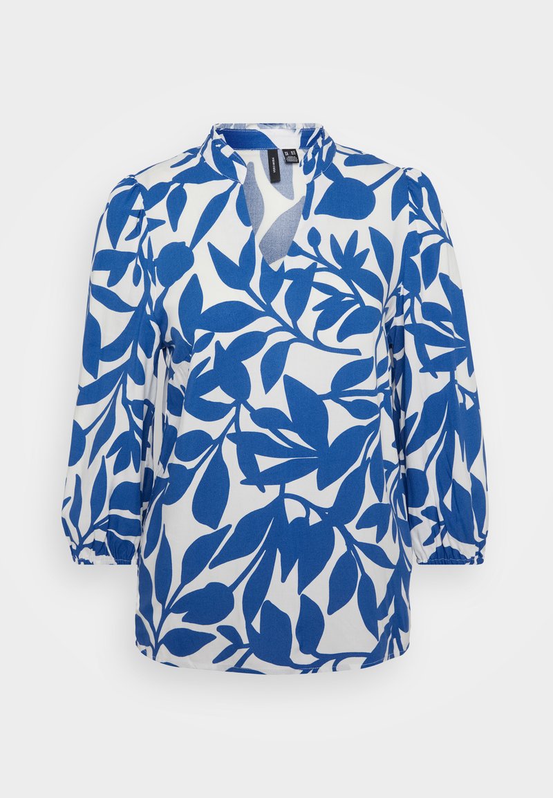 Bluse mit blauen und weißen Mustern, V-Ausschnitt, dreiviertel Puffärmeln und einem floralen Blätterdesign aus leichtem Stoff.