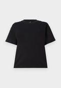 Schwarzes T-Shirt mit kurzen Ärmeln aus Baumwolle. Hat einen runden Halsausschnitt, einen lässigen Schnitt und ein schlichtes Design ohne Muster oder Akzente.