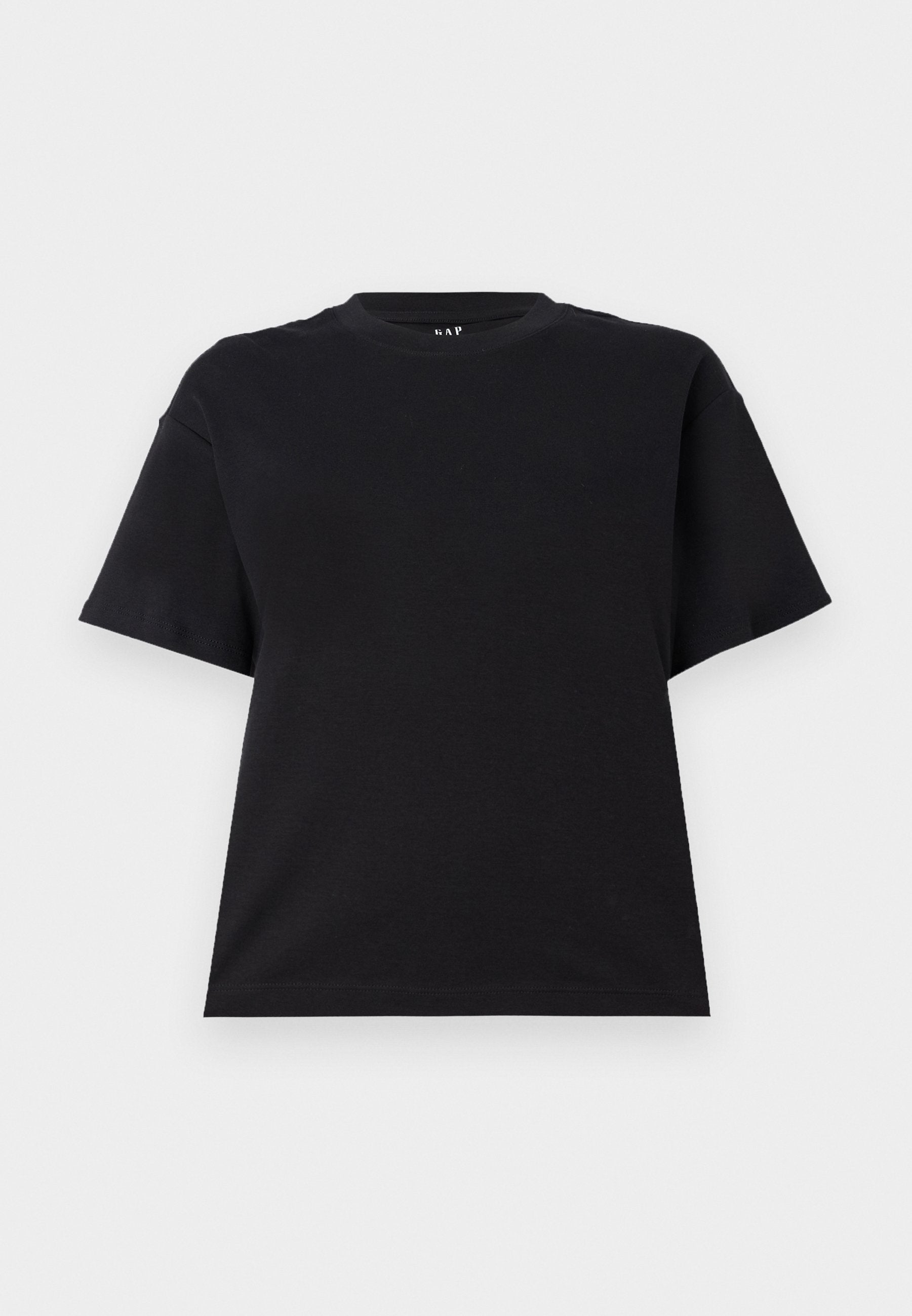 Schwarzes T-Shirt mit kurzen Ärmeln aus Baumwolle. Hat einen runden Halsausschnitt, einen lässigen Schnitt und ein schlichtes Design ohne Muster oder Akzente.