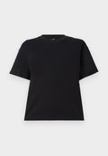 Schwarzes T-Shirt mit kurzen Ärmeln aus Baumwolle. Hat einen runden Halsausschnitt, einen lässigen Schnitt und ein schlichtes Design ohne Muster oder Akzente.