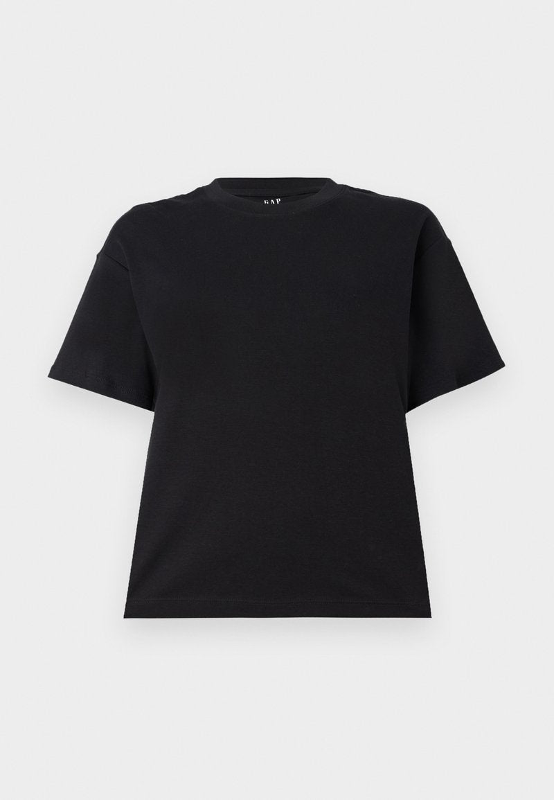 Schwarzes T-Shirt mit kurzen Ärmeln aus Baumwolle. Hat einen runden Halsausschnitt, einen lässigen Schnitt und ein schlichtes Design ohne Muster oder Akzente.