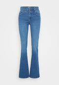 Helleblaue, ausgeflogene Jeans mit einer hohen Taille, ausgestattet mit zwei vorderen Taschen, Knopfverschluss und einer glatten, leicht strukturierten Oberfläche.