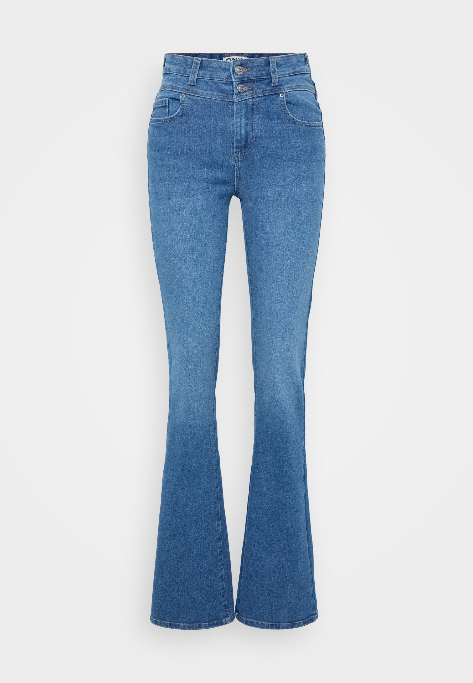 Helleblaue, ausgeflogene Jeans mit einer hohen Taille, ausgestattet mit zwei vorderen Taschen, Knopfverschluss und einer glatten, leicht strukturierten Oberfläche.