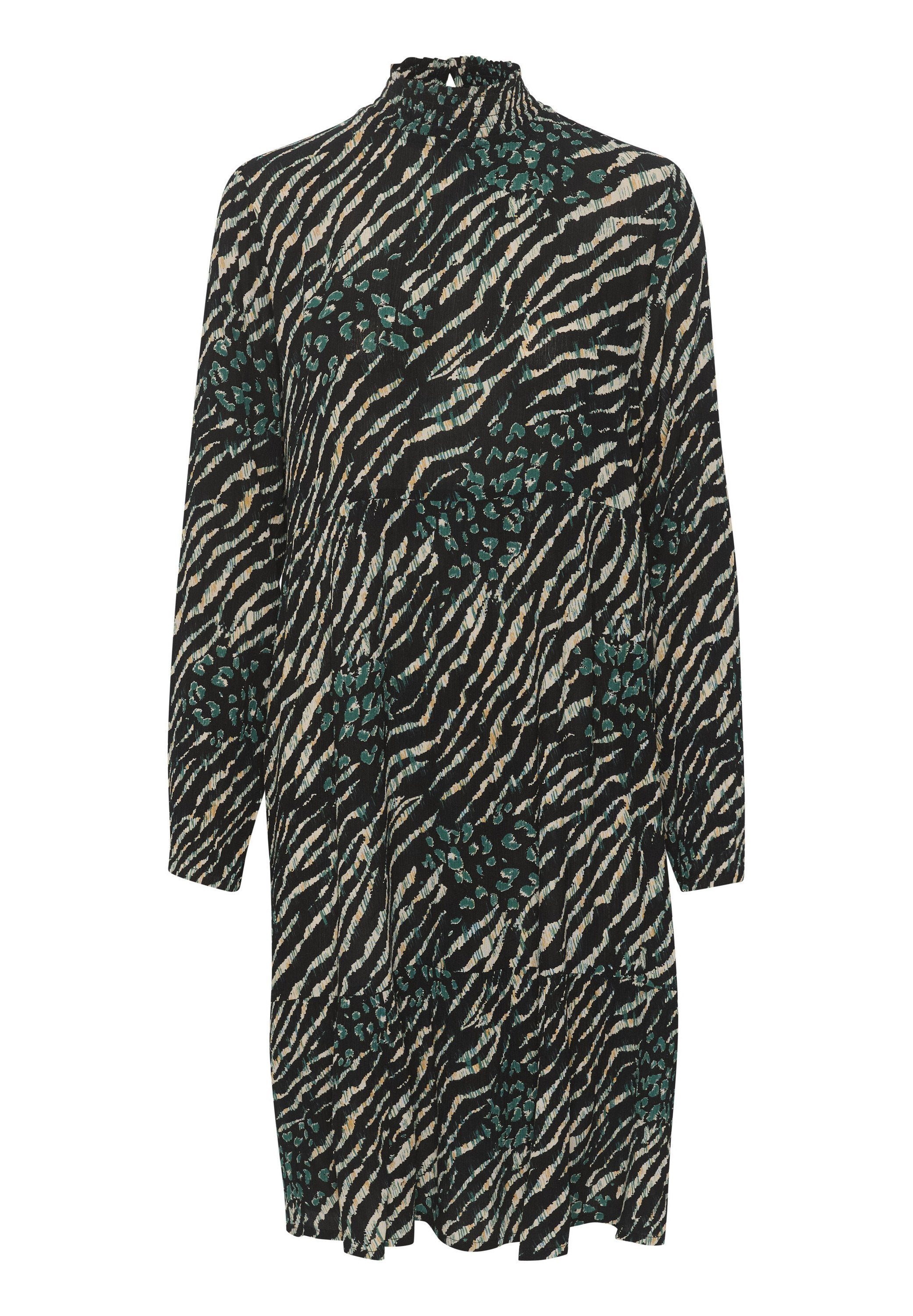 Schwarzes Kleid mit hohem Kragen und langen Ärmeln. Es besitzt ein Tigerstreifen-Muster in Beige und Teal, mit einer fließenden Silhouette und gerafftem Textur.
