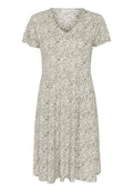 Blumendruckkleid in gedämpftem Grün und Weiß, kurze Ärmel, V-Ausschnitt, ausgestellte Form, knielang, leichtes Material mit weicher Textur.