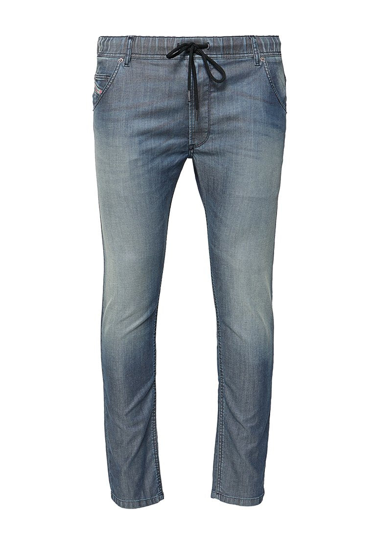 Denim-Jogginghosen in einem Farbverlauf von Blautönen, mit einem elastischen Taillenbund und Kordelzug, konisch zulaufenden Beinen und Seitentaschen.