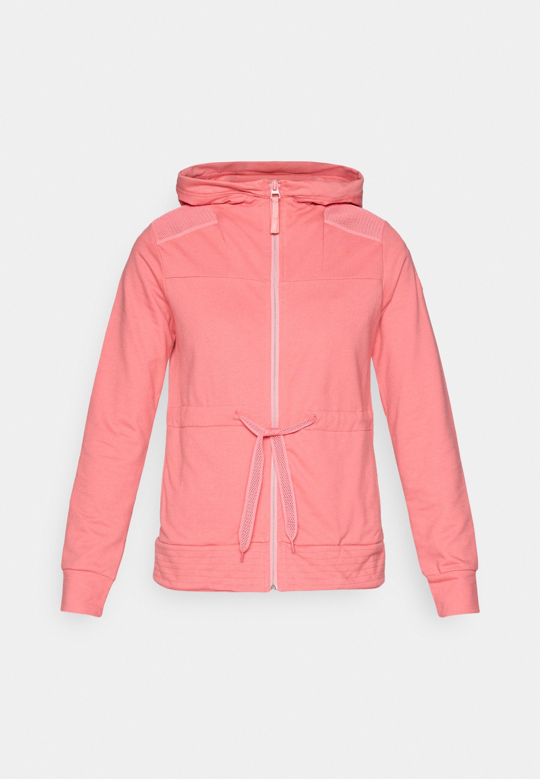 Kapuzenshirt, hellrosa, mit Vorderreißverschluss, Kordelzug in der Taille, geripptem Saum und Bündchen, strukturierten Schulterpartien und Kängurutaschen.