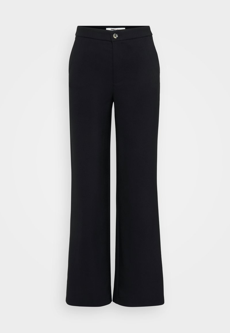 Schwarze weit geschnittene Hose aus glattem Stoff, mit einem vorderen Knopfverschluss, Gürtelschlaufen und dezenten Nähten für ein sauberes Design.