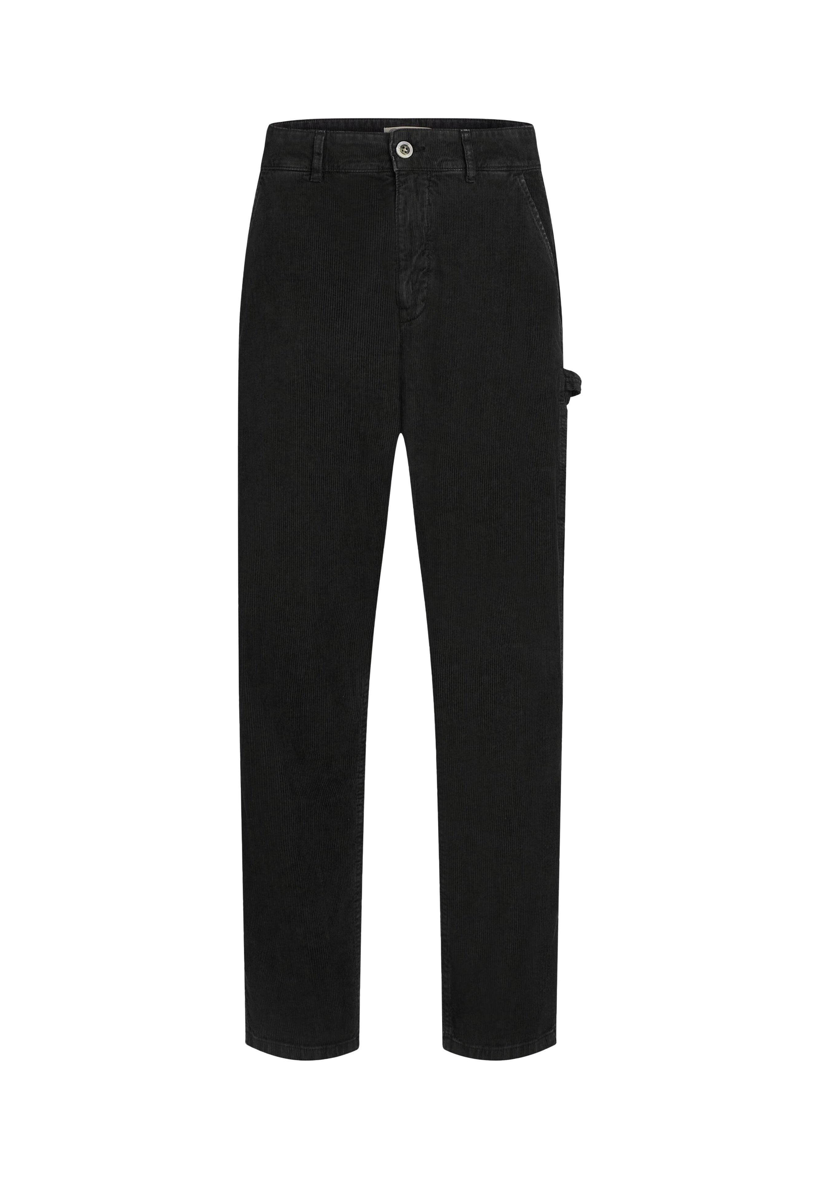 Schwarze Jeans mit Fünf-Taschen-Design, geradem Bein, Knopfschluss und seitlicher Werkzeugtasche mit tonalem Stitching.