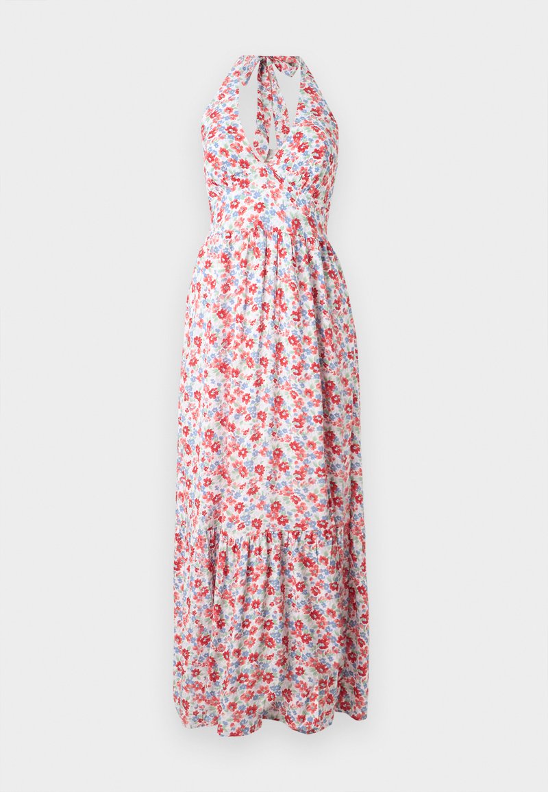 Blumen-Maxi-Kleid mit Halterneck-Design, farbenfrohem rot-blauen Blumenmuster auf hellem Hintergrund und einem gestuften Rock.