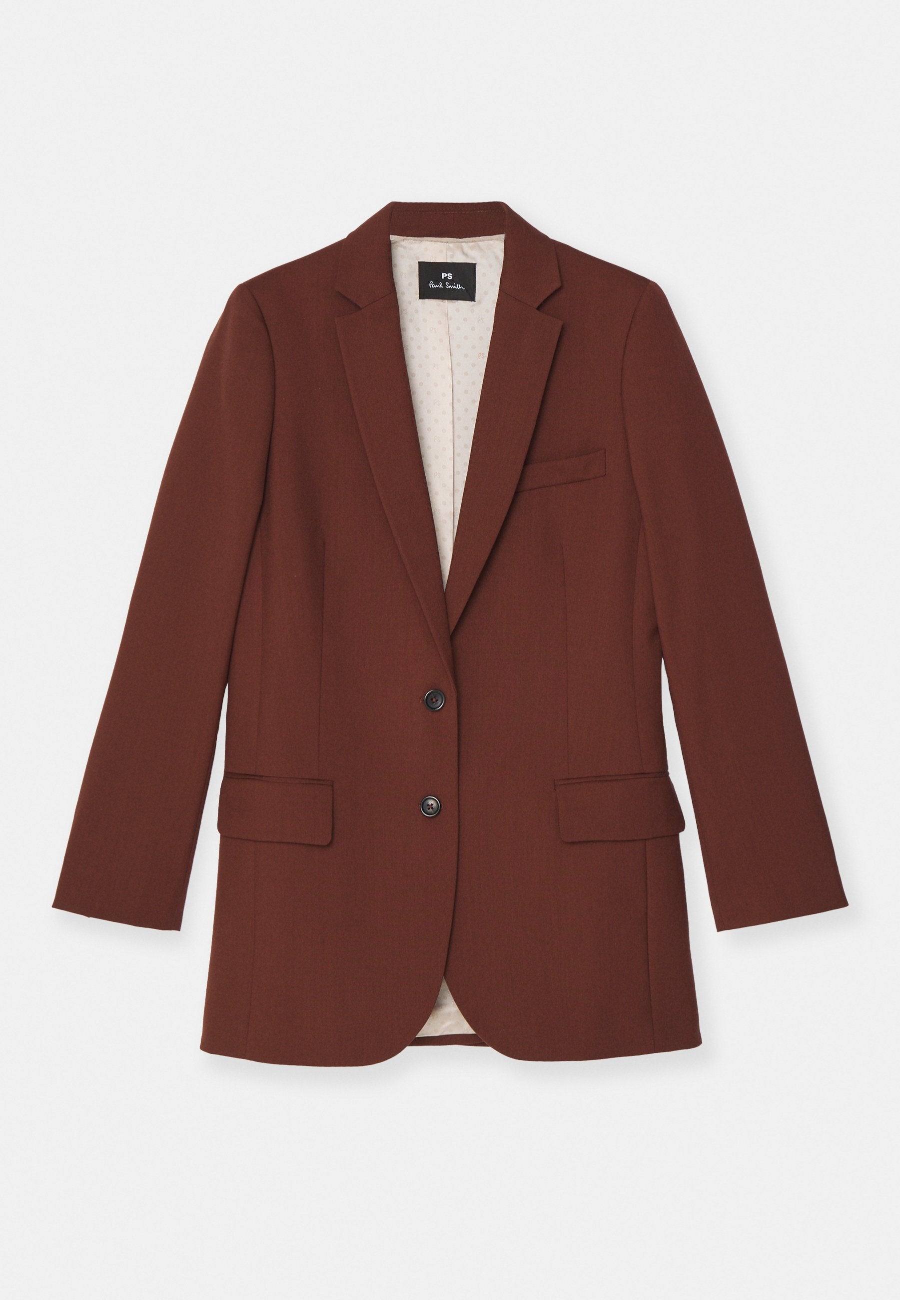 Brauner Blazer aus strukturiertem Stoff, mit einem Reverskragen, zwei Vordertaschen, zwei Knöpfen und einem gepunkteten Futter.