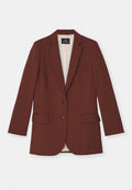 Brauner Blazer aus strukturiertem Stoff, mit einem Reverskragen, zwei Vordertaschen, zwei Knöpfen und einem gepunkteten Futter.