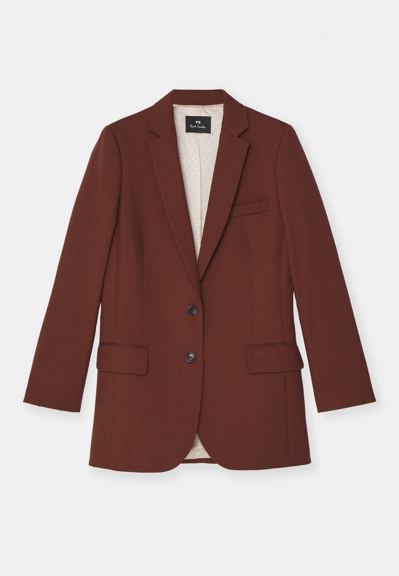 Brauner Blazer aus strukturiertem Stoff, mit einem Reverskragen, zwei Vordertaschen, zwei Knöpfen und einem gepunkteten Futter.