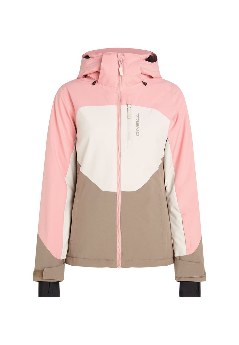 Damen Skijacke mit farbigen Blöcken in Pink, Weiß und Braun, aus weichem Stoff, mit Reißverschluss, verstellbarem Kapuze und Manschetten-Gaitern für mehr Wärme.