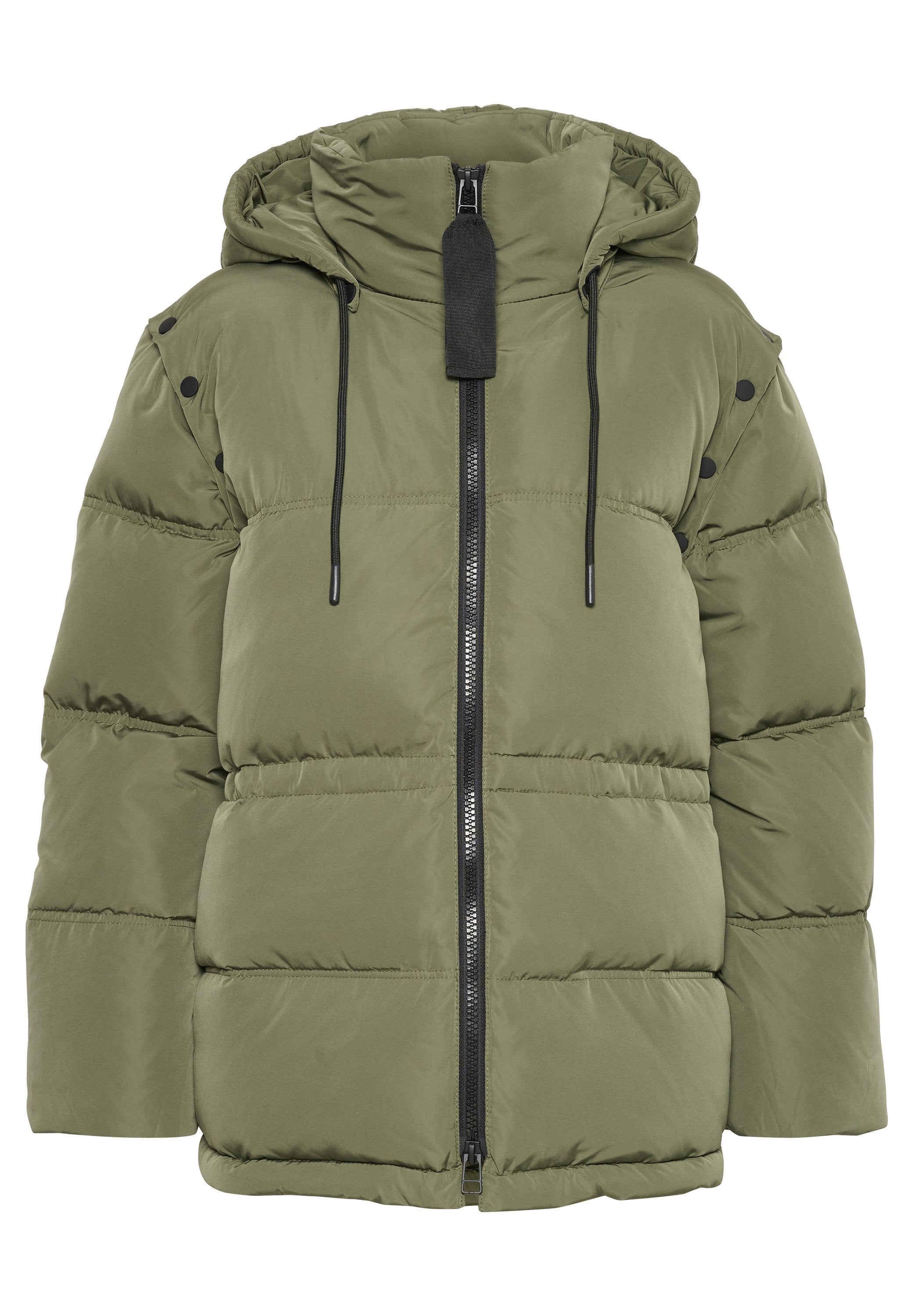 Olivgrüne Steppjacke mit Kapuze, Frontzipper und schwarzen Kordeln. Verfügt über schwarze Knöpfe an den Schultern und eine gesteppten Textur.