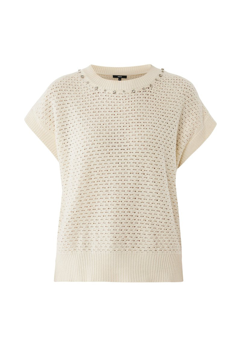 Strickpullover in Off-White mit strukturiertem Muster und kurzen Ärmeln. Verfügt über einen gerippten Kragen mit dekorativen Akzenten.